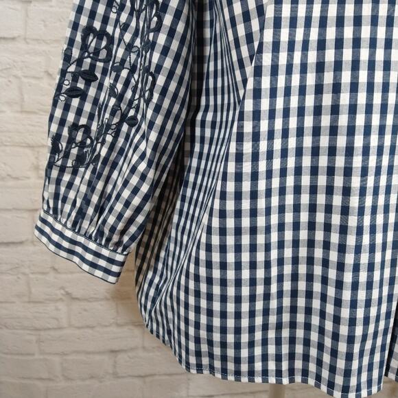 E Karl Lagerfeld Blue White Gingham Plaid Cottage Embroidered Top Shirt NWT S - Picture 3 of 9